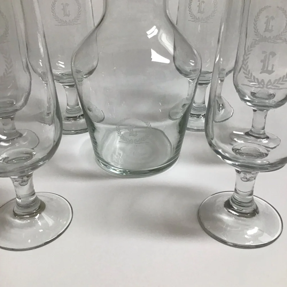 Letter L Monogram Wine Decanter Carafe 6 Glasses SET Etched Clear Glass Barware
